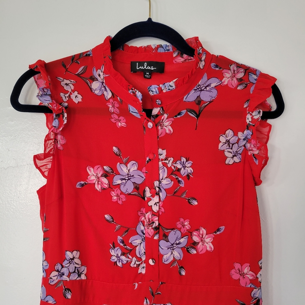 Lulu's Red Floral Ruffled Sleeveless Skater Dress Size Medium - Picture 7 of 13